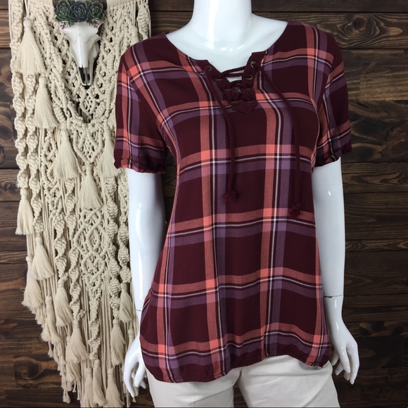 Angels | Plaid Lace Up‎ Blouse Flannel Plaid - Picture 1 of 6